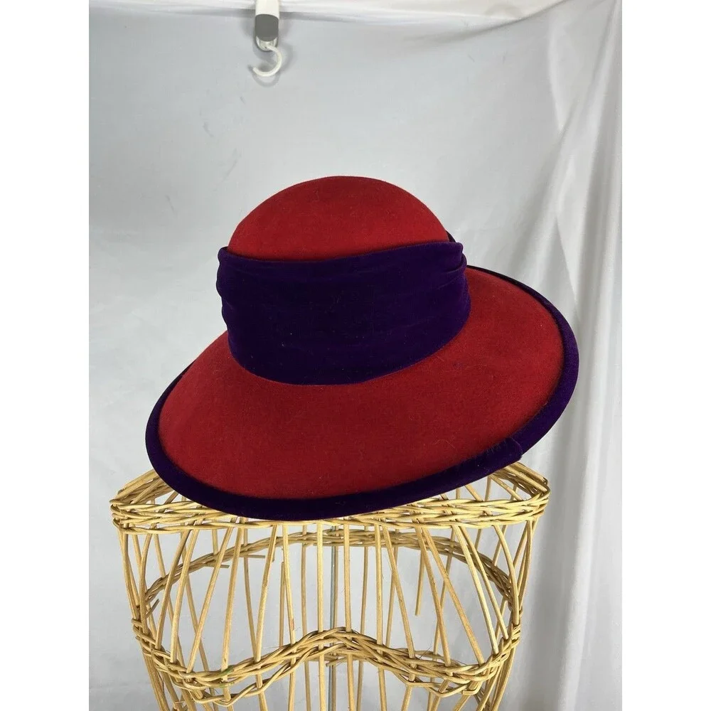 Scala Vintage Red Wool Wide Brim Hat Purple Trim Flower Church Derby Tea